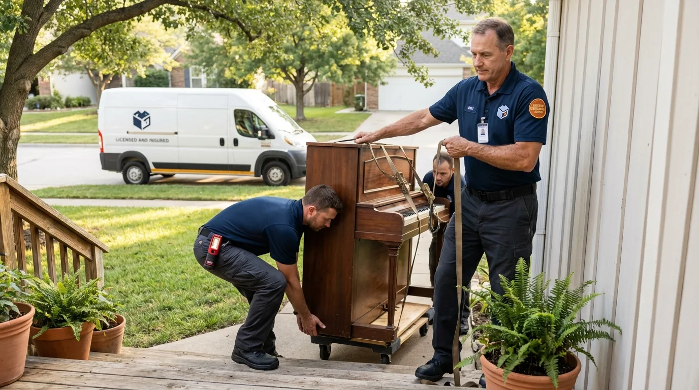 Licensed piano movers securing grand piano in Yorkshire, NY