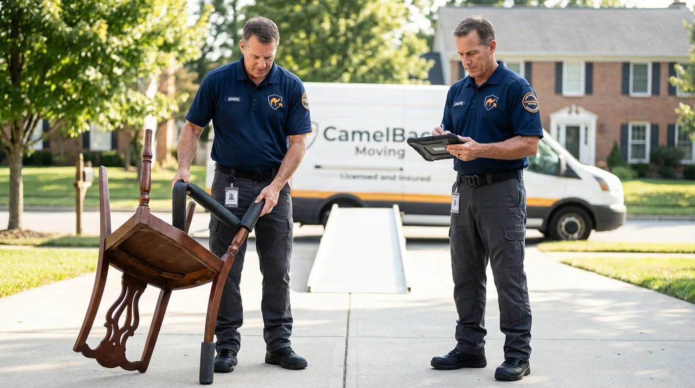 Movers inspecting furniture for damage prevention before loading in Yorkshire, NY