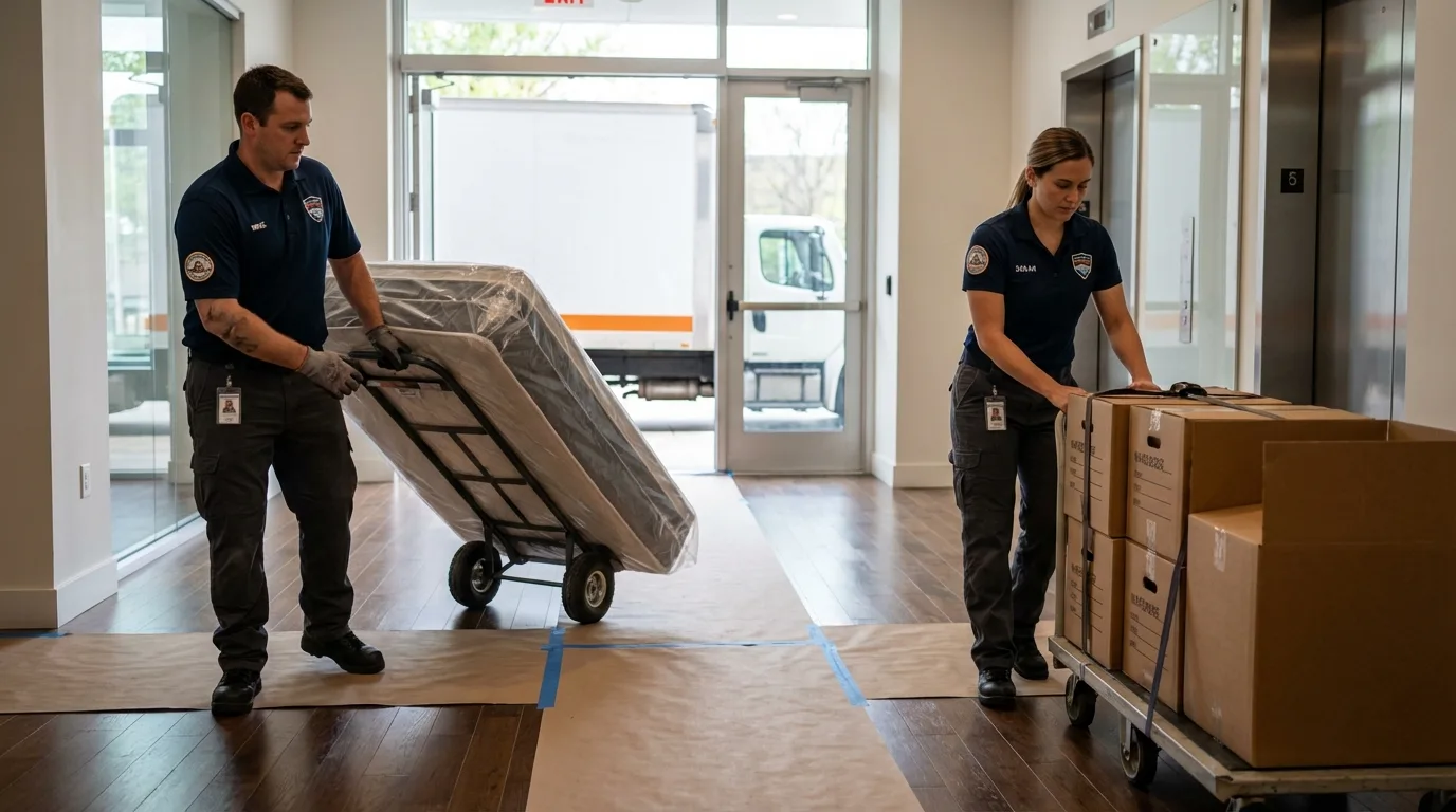 Professional apartment movers loading elevator in Yorkshire, NY