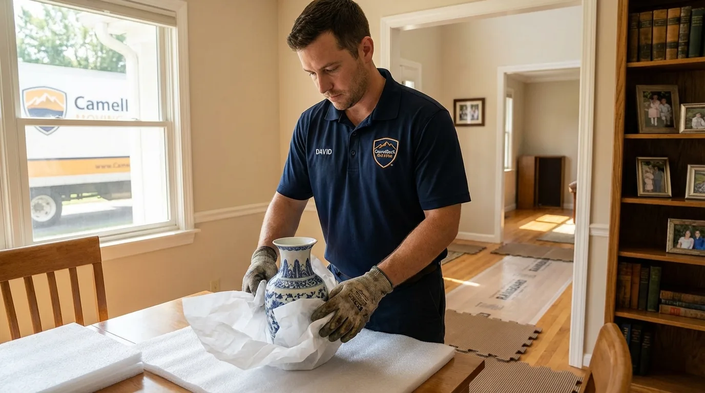 Professional crew carefully wrapping antique vase for senior downsizing move in Yorkshire, NY
