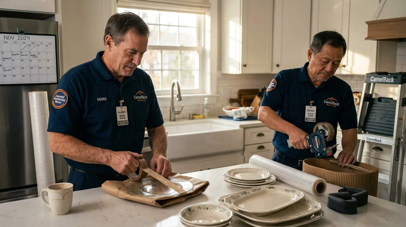 Professional crew packing kitchen dishware in Yorkshire, NY